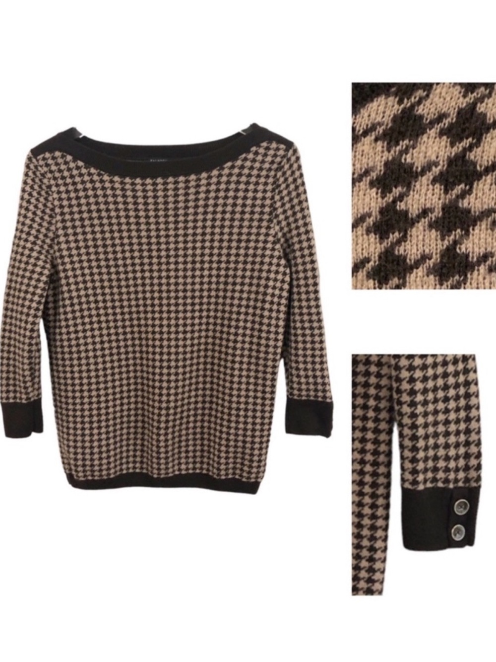 Talbots | Wool Tan Brown Houndstooth Sweater Preppy Petite Medium